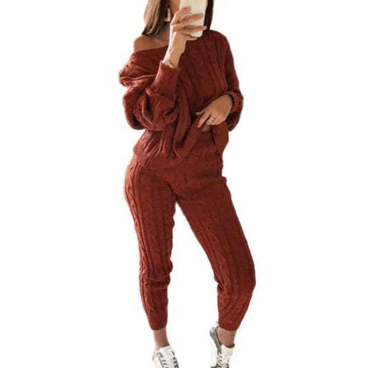 Hot Sale 2 Pieces Women'S Suit Winter Solid Color Knitted Pants Suit Women'S Long-Sleeved Knitted Casual Two-Piece Thick Sweater