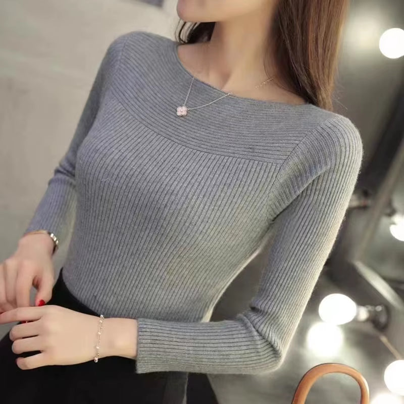 Women Ribbed Slash Neck Slim Sweater Knitted Long Sleeve Office Sweaters Casual Solid Pullovers for Women 2024 Autumn