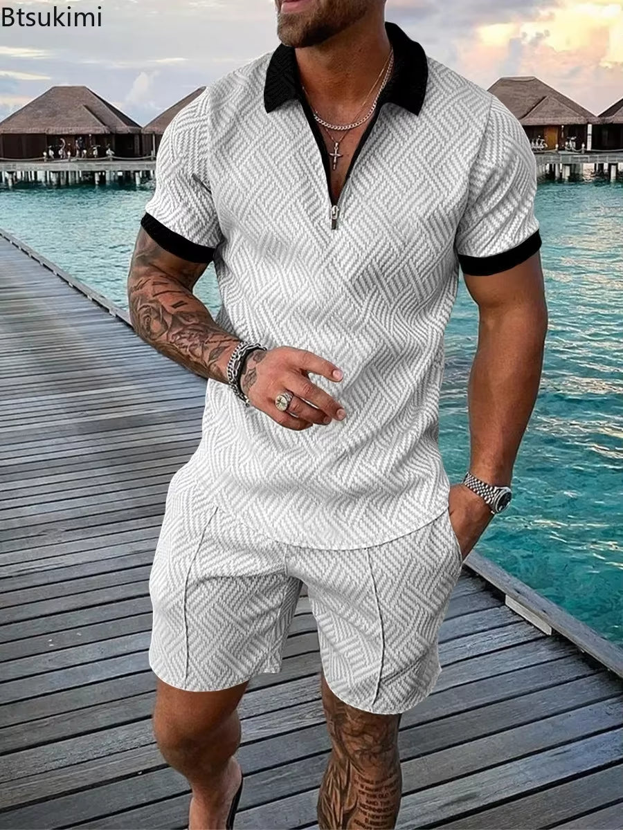 New 2025 Men'S Polo Suit Fashion Men Sets Solid Summer V-Neck Zipper Short Sleeve POLO Shirt+Shorts Two Pieces Men Casual Suit