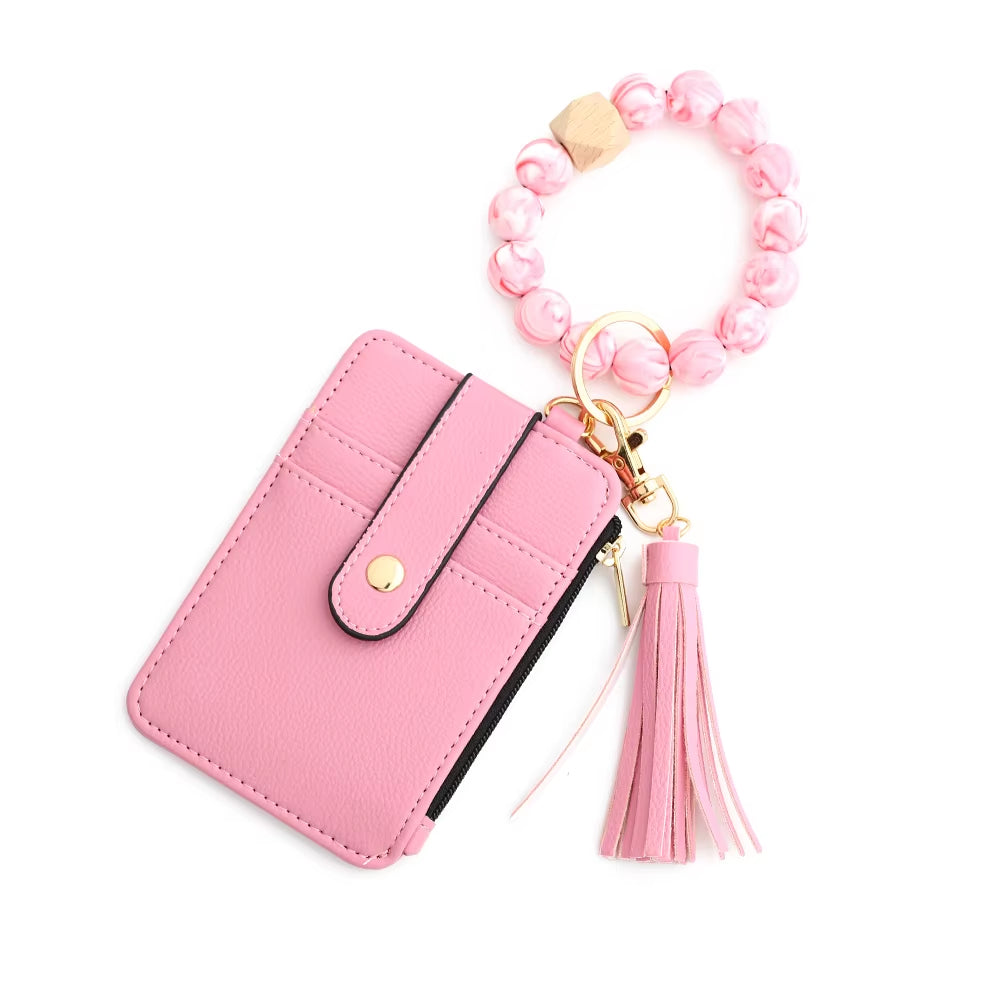 Silicone Bead Pu Leather Key Chain Wristlet Id Credit Card Holder Keychain Wallet for Women with Bangle Bracelet