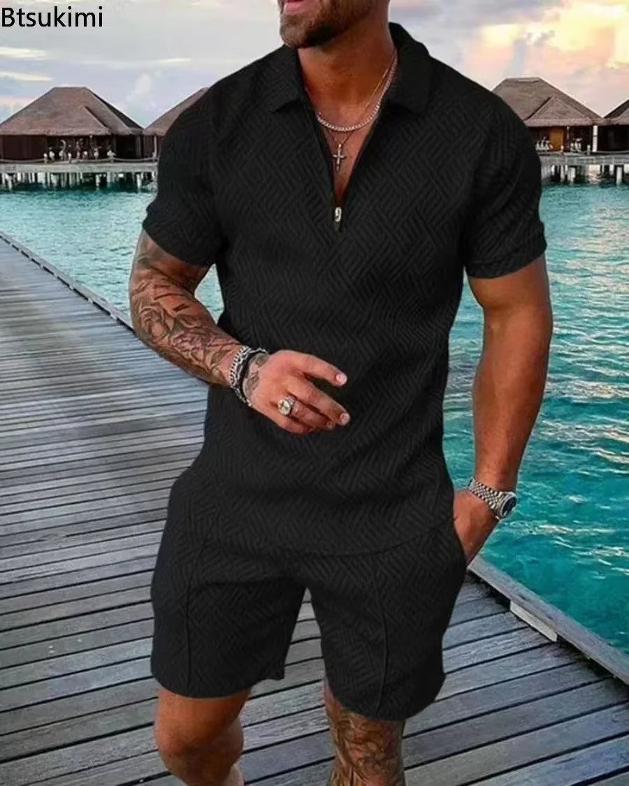 New 2025 Men'S Polo Suit Fashion Men Sets Solid Summer V-Neck Zipper Short Sleeve POLO Shirt+Shorts Two Pieces Men Casual Suit