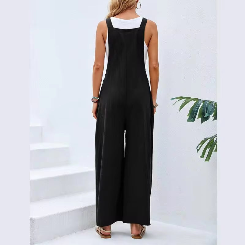 Summer Trendy New Pants Women Cotton Casual Jumpsuit Solid Multi-Color Wide Leg Straight Pants Office Lady'S All-Match Trousers