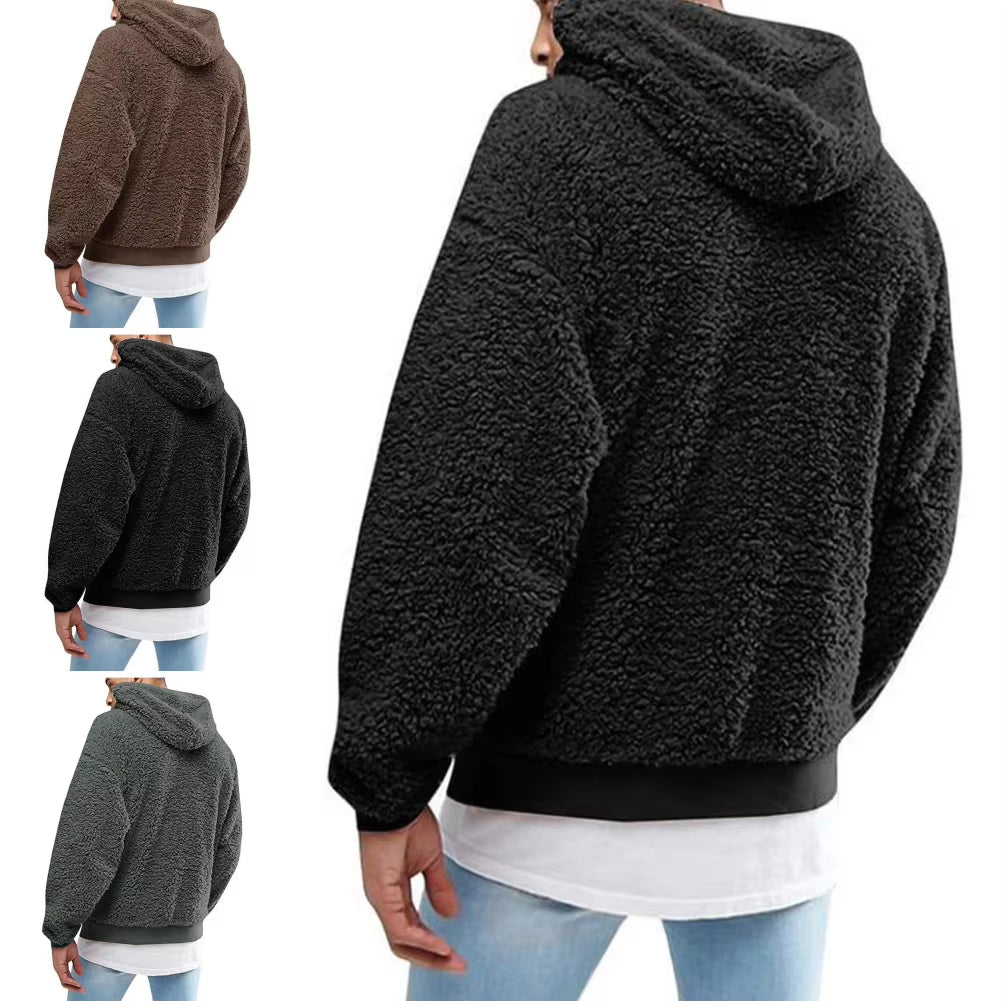 Winter Men'S Solid Color Fluffy Wool Hooded Coat Pullover Warm Sweatshirt Velvet Fleece Hooded Men'S Sweater