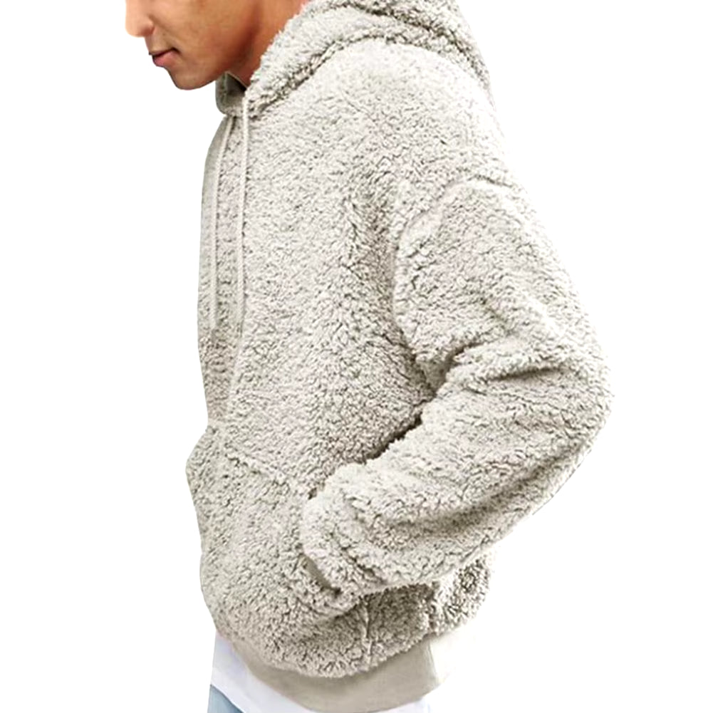 Winter Men'S Solid Color Fluffy Wool Hooded Coat Pullover Warm Sweatshirt Velvet Fleece Hooded Men'S Sweater