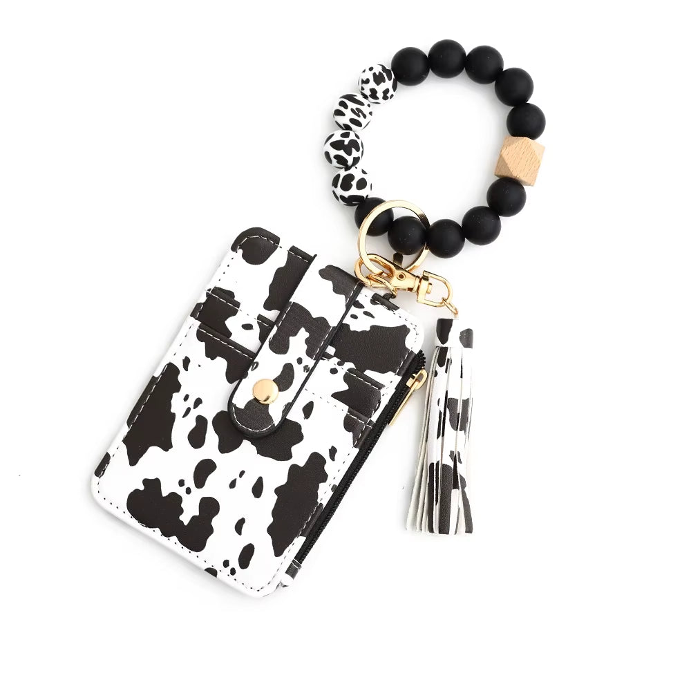 Silicone Bead Pu Leather Key Chain Wristlet Id Credit Card Holder Keychain Wallet for Women with Bangle Bracelet