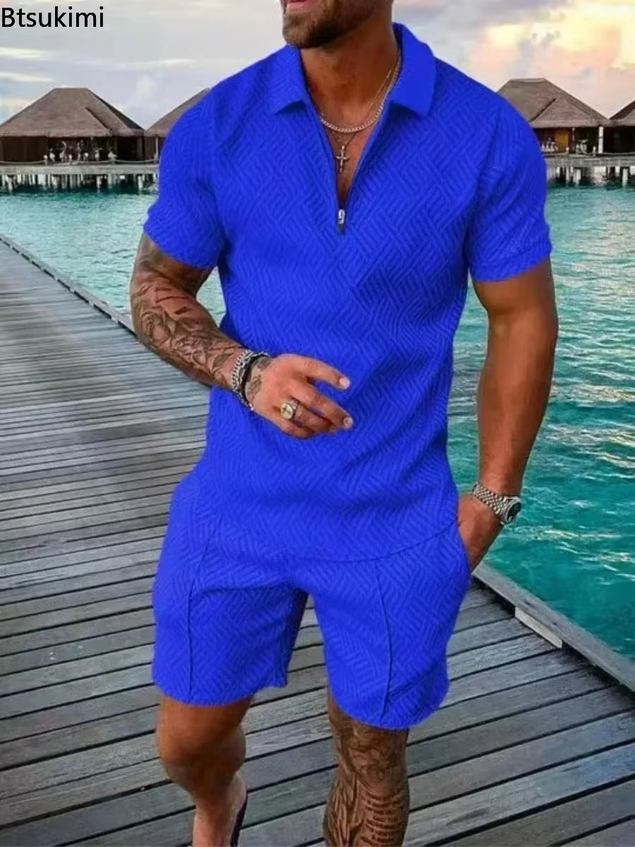 New 2025 Men'S Polo Suit Fashion Men Sets Solid Summer V-Neck Zipper Short Sleeve POLO Shirt+Shorts Two Pieces Men Casual Suit