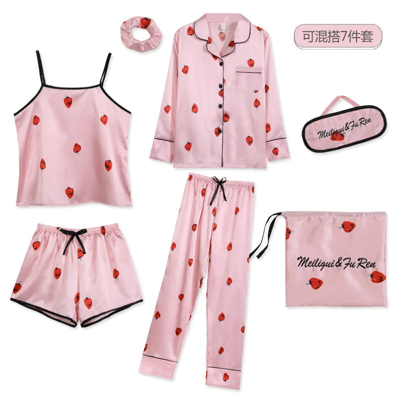 Strap Sleepwear Pyjamas Women'S 7 Pieces Pink Pajamas Sets Satin Silk Lingerie Homewear Sleepwear Pyjamas Set Pijamas for Woman