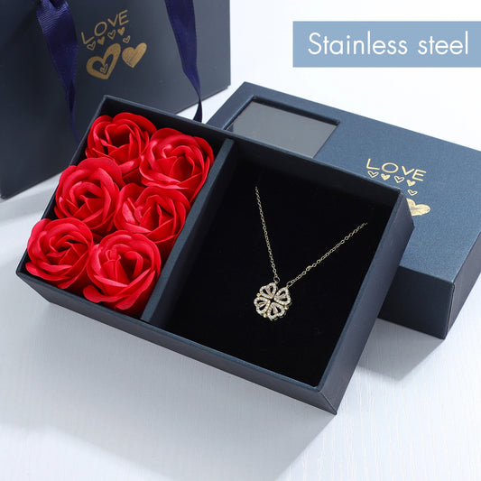 Rose Gift Box Four -Leaf Grass Necklace Heart Necklace Cute Four Leaf Clover Necklace Dainty Gold Necklaces Gifts for Girlfriend