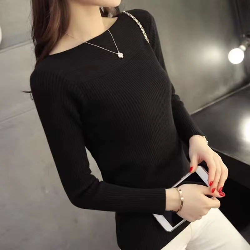 Women Ribbed Slash Neck Slim Sweater Knitted Long Sleeve Office Sweaters Casual Solid Pullovers for Women 2024 Autumn