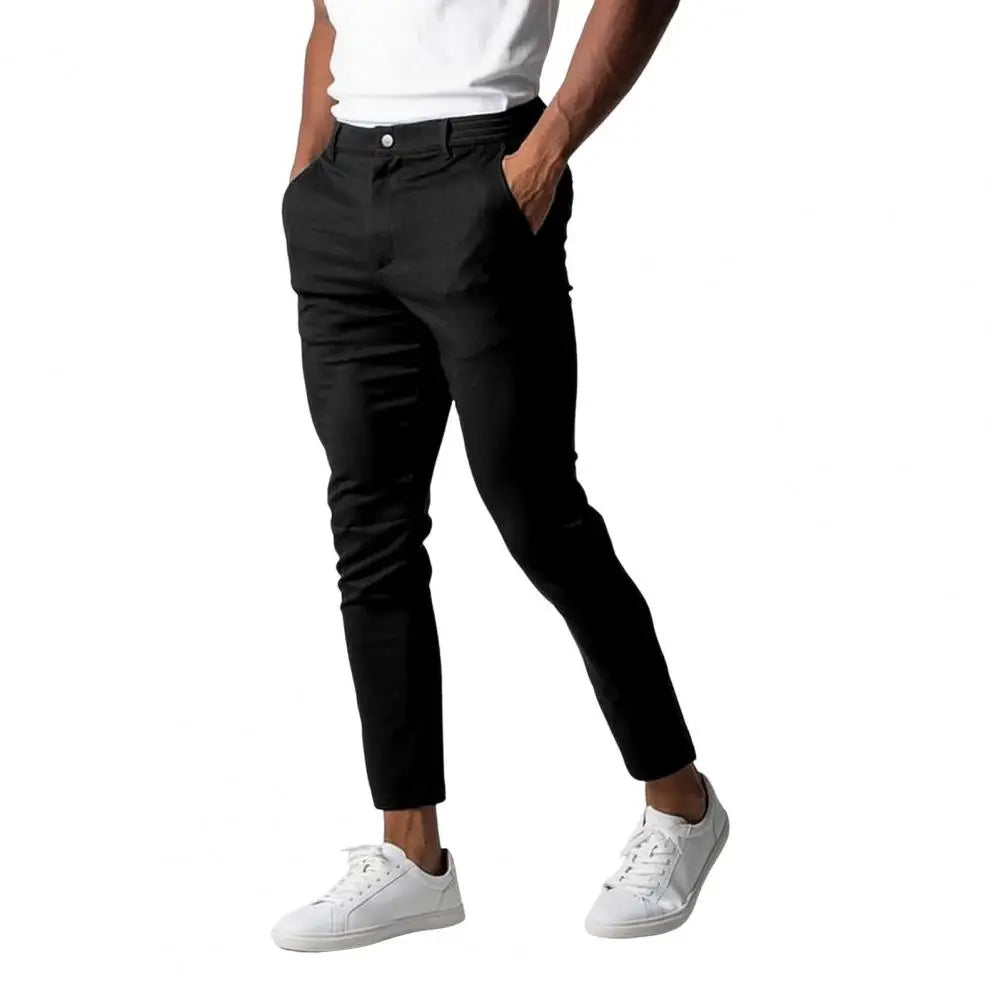 Men Trousers Solid Color Pants Elegant Men'S Slim Fit Business Pants with Elastic Waist Button Closure Pockets Soft for Work