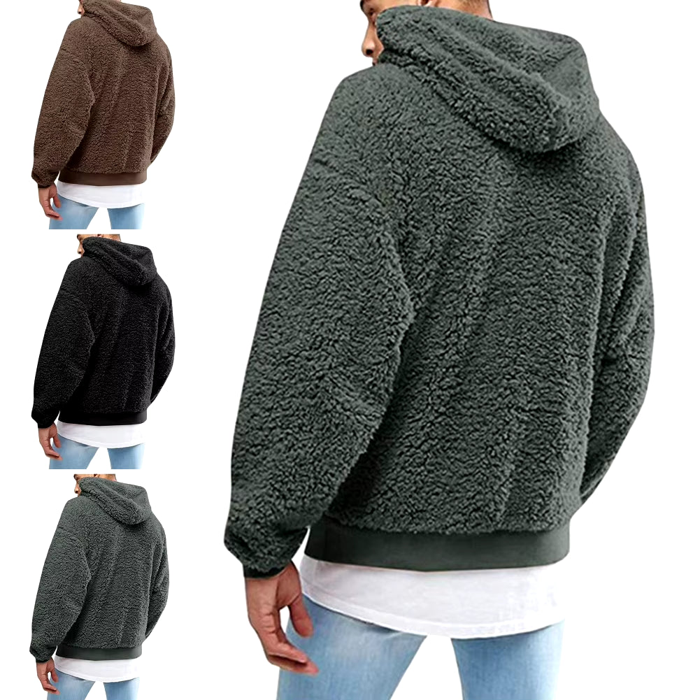 Winter Men'S Solid Color Fluffy Wool Hooded Coat Pullover Warm Sweatshirt Velvet Fleece Hooded Men'S Sweater