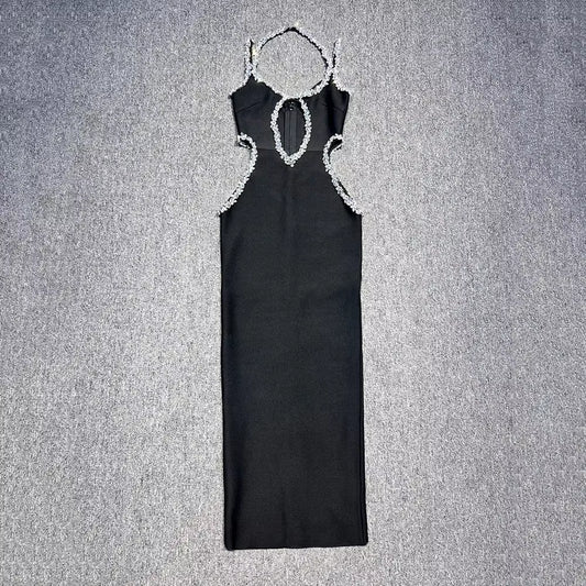 New Women'S Black Sexy V-Neck Sleeveless Luxury Diamond Tight Long Bandage Dress Elegant Ball Evening Dress