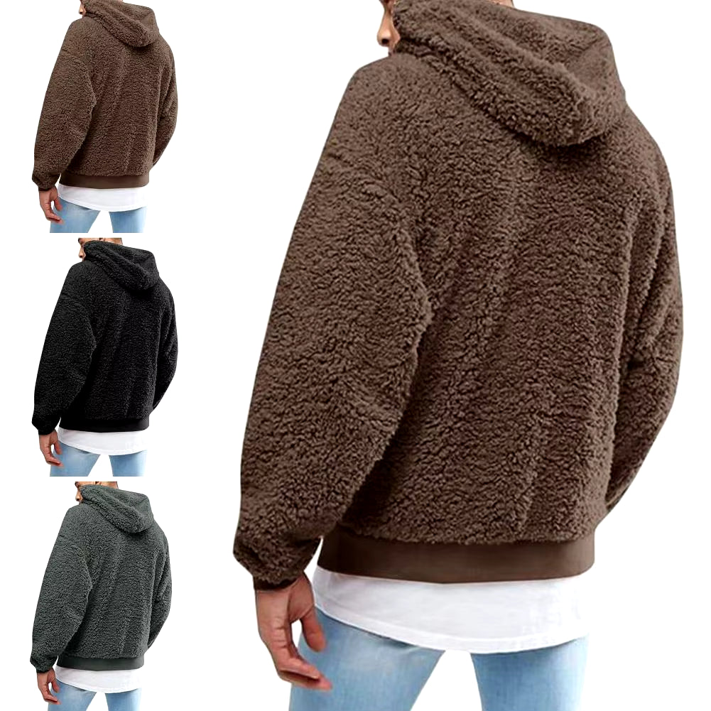 Winter Men'S Solid Color Fluffy Wool Hooded Coat Pullover Warm Sweatshirt Velvet Fleece Hooded Men'S Sweater