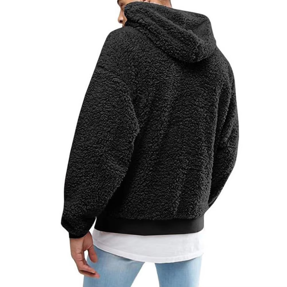 Winter Men'S Solid Color Fluffy Wool Hooded Coat Pullover Warm Sweatshirt Velvet Fleece Hooded Men'S Sweater