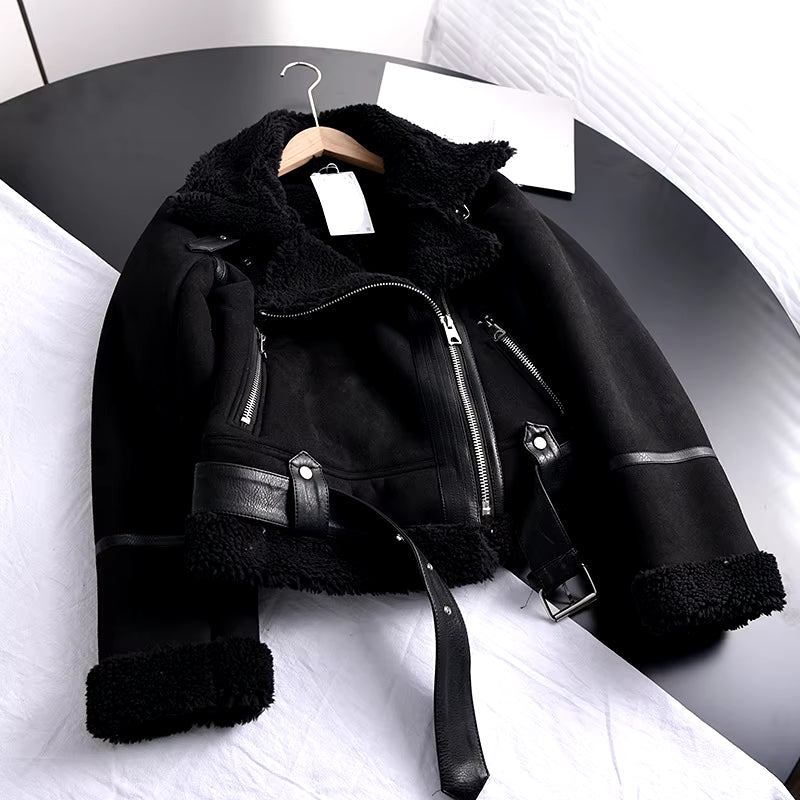 2022 Winter Women Thick Warm Suede Lamb Jacket Short Motorcycle Brown Coats Faux Shearling Sheepskin Leather Jackets Outwear