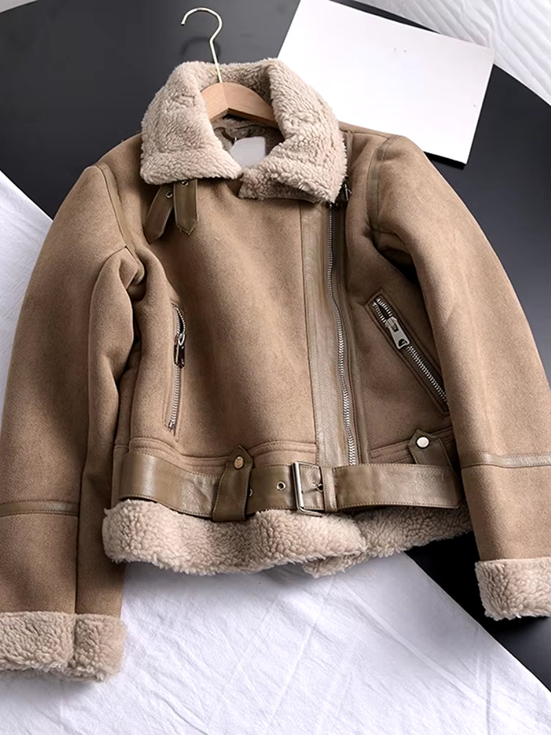 2022 Winter Women Thick Warm Suede Lamb Jacket Short Motorcycle Brown Coats Faux Shearling Sheepskin Leather Jackets Outwear