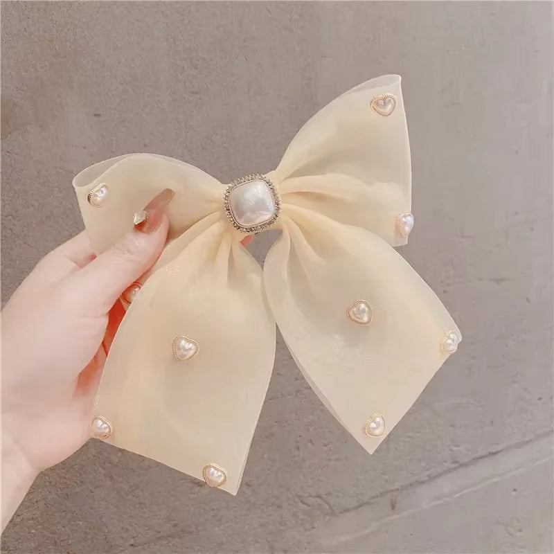 New Fashion Fabric Chiffon Bow Hairclips Pearl Bowknot Hairpins for Women Girls Hairgrip Elegant Korean Hair Accessories